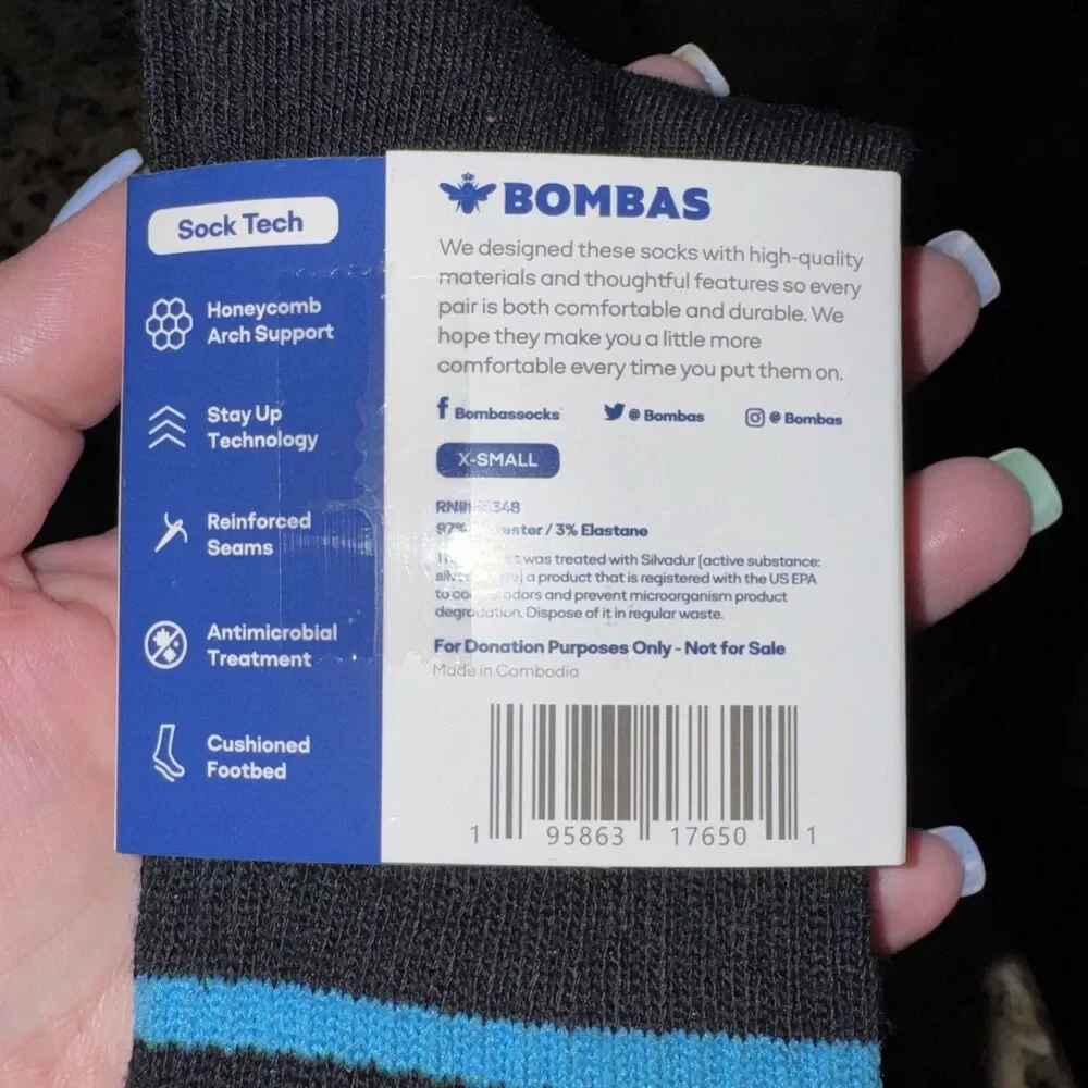 NWT Bombas Kids Black Socks X-Small W/ Orange & Blue Stripes Antimicrobial